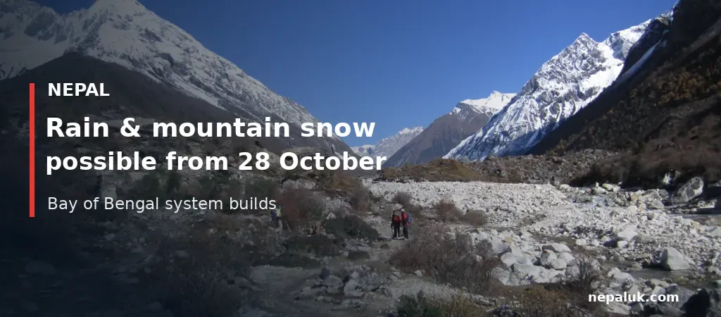 Nepal braces for heavy rain and mountain snow from 28 October as Bay of Bengal system builds