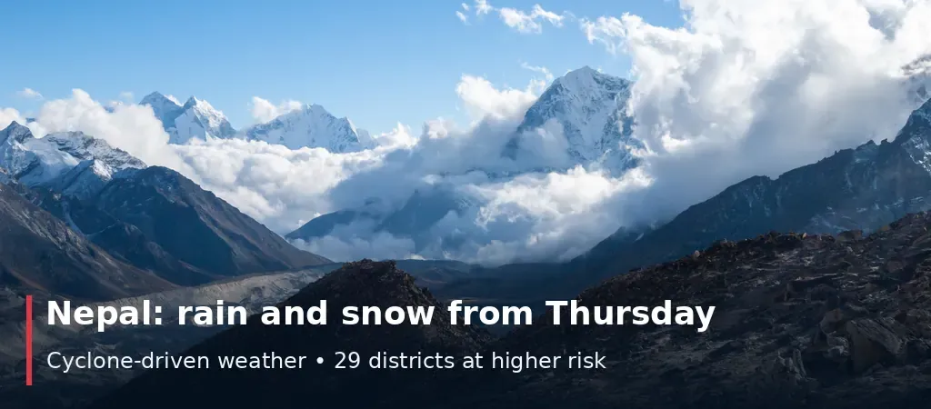 Cyclone-driven rain and snow forecast for Nepal from Thursday, with 29 districts at higher risk